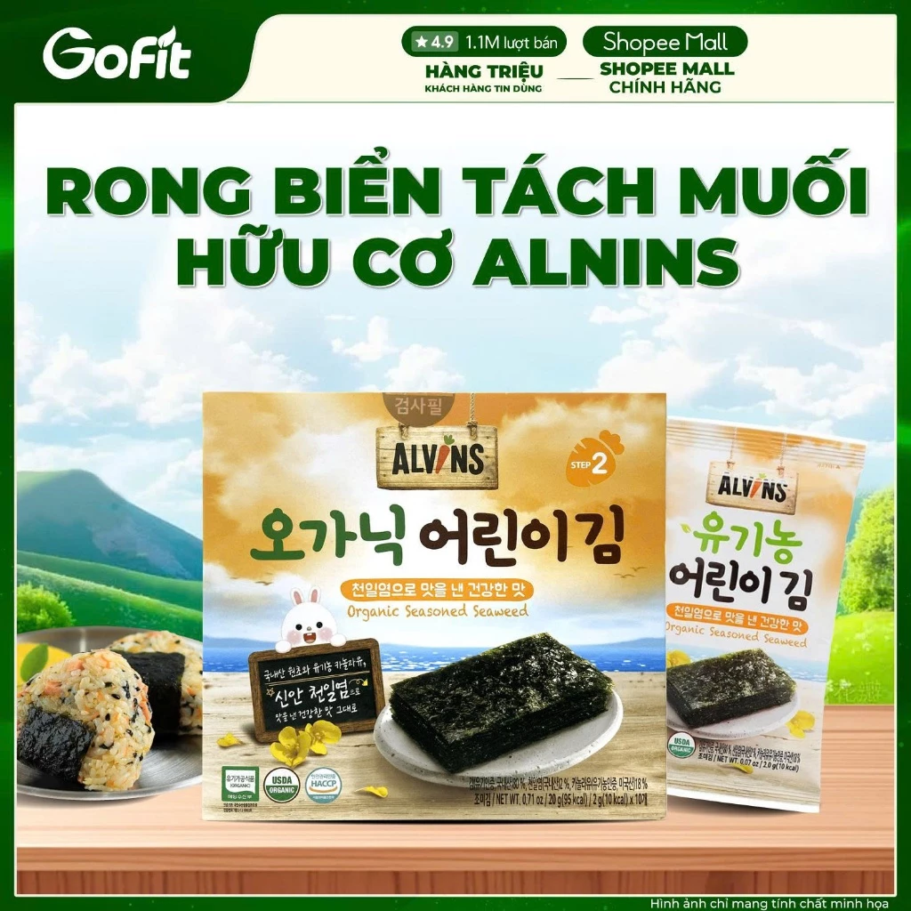 Rong biển hữu cơ Alvins Hàn Quốc cho bé - Rong biển tách muối/ ăn liền Hộp 15g; Rong biển hữu cơ rắc cơm 21g