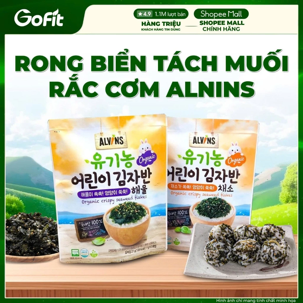 Rong biển hữu cơ rắc cơm cho bé Alvins Hàn Quốc 21g (Vị Rau củ/ Vị Hải sản;  Rong biển hữu cơ Alvins Hàn Quốc cho bé
