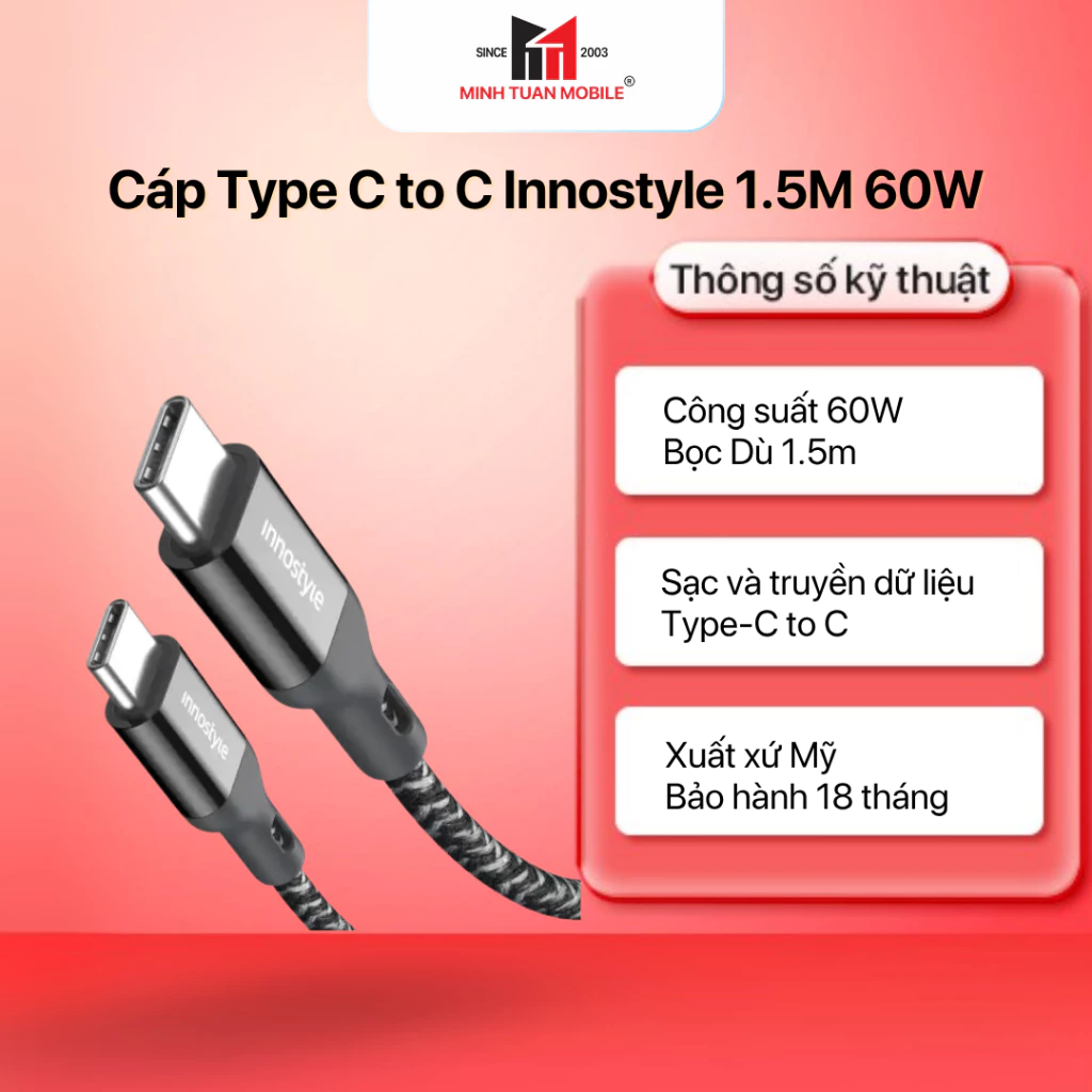 Cáp Type C to C Innostyle Powerflex 1.5m 60w ICC150AL