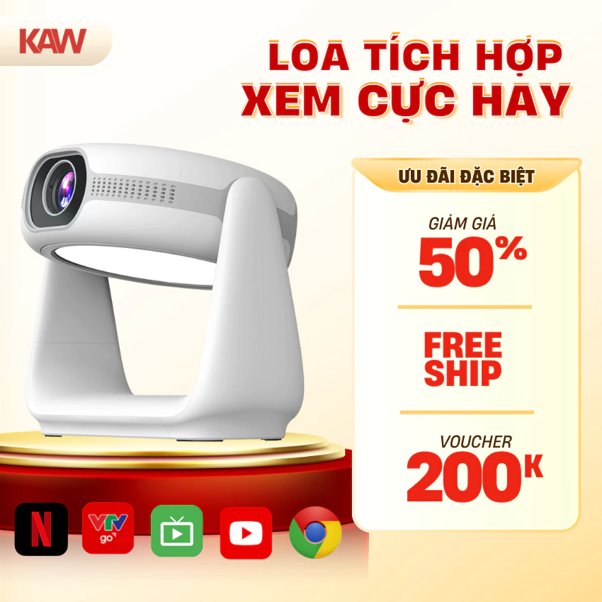 Máy Chiếu Cao Cấp KAW K1 Xoay 130 độ Tích Hợp Pin, Hệ Điều Hành Androi 11.0, Đế Xoay, Độ Phân Dải Full HD, Bảo Hành