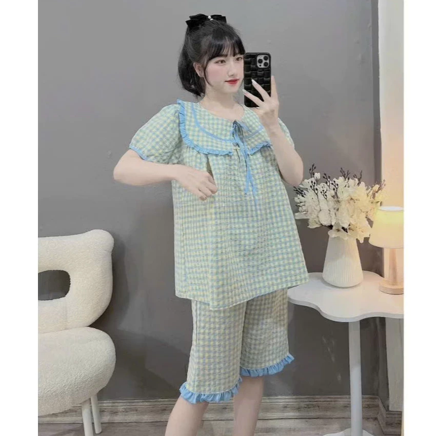(Có size đến 110kg)Bộ đồ bầu và sau sinh bigsize dáng lửng chất đũi họa tiết cực mát