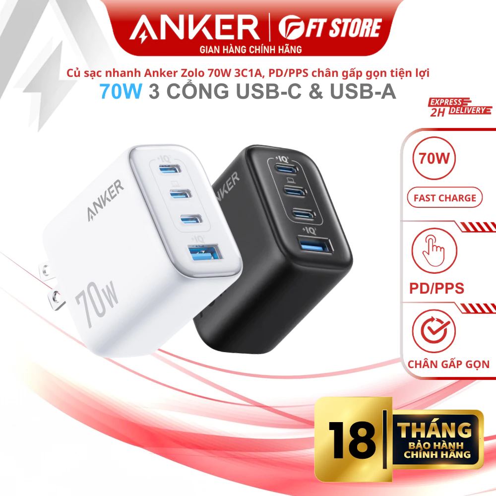 Củ sạc nhanh Anker Zolo  A121C - 70W, 3C1A hỗ trợ PD/PPS/QC3.0 sạc nhanh vượt trội, nhỏ gọn, an toàn