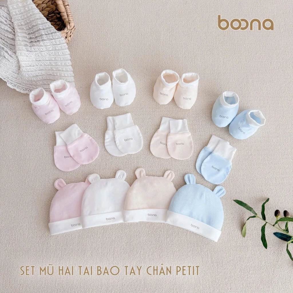 Set Bao Tay, Bao Chân Kèm Mũ Tai Chính Hãng Boona cho bé sơ sinh chất liệu petit mềm mại, co giãn tốt và giữ ấm cho bé