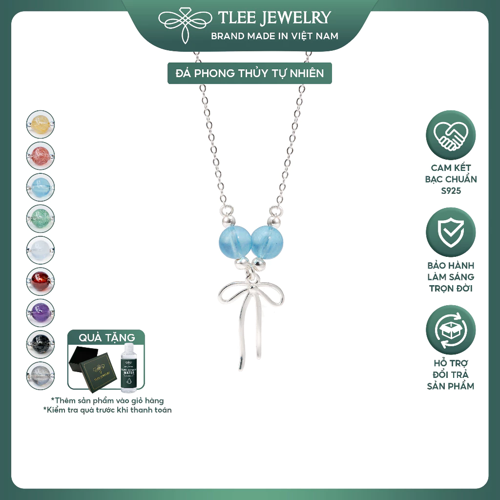 Dây chuyền bạc nữ TLEE bạc 925 mix hạt đá đôi phong thủy Tự Nhiên và charm bi bóng, nơ cá tính TLEE JEWELRY D0286