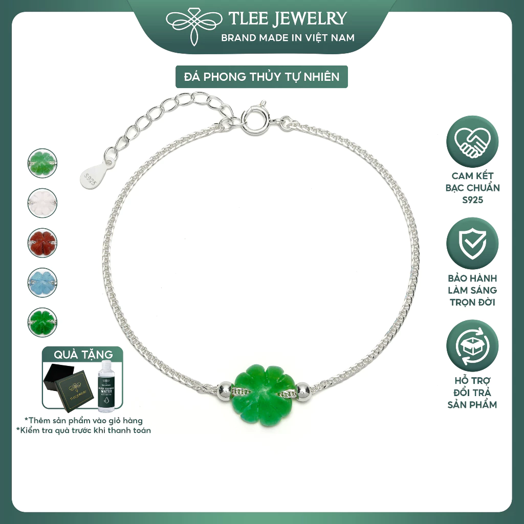 Vòng tay bạc nữ TLEE bạc 925 charm cỏ bốn lá đá thạch anh phong thủy tự nhiên và và charm bi bóng TLEE JEWELRY LT0417