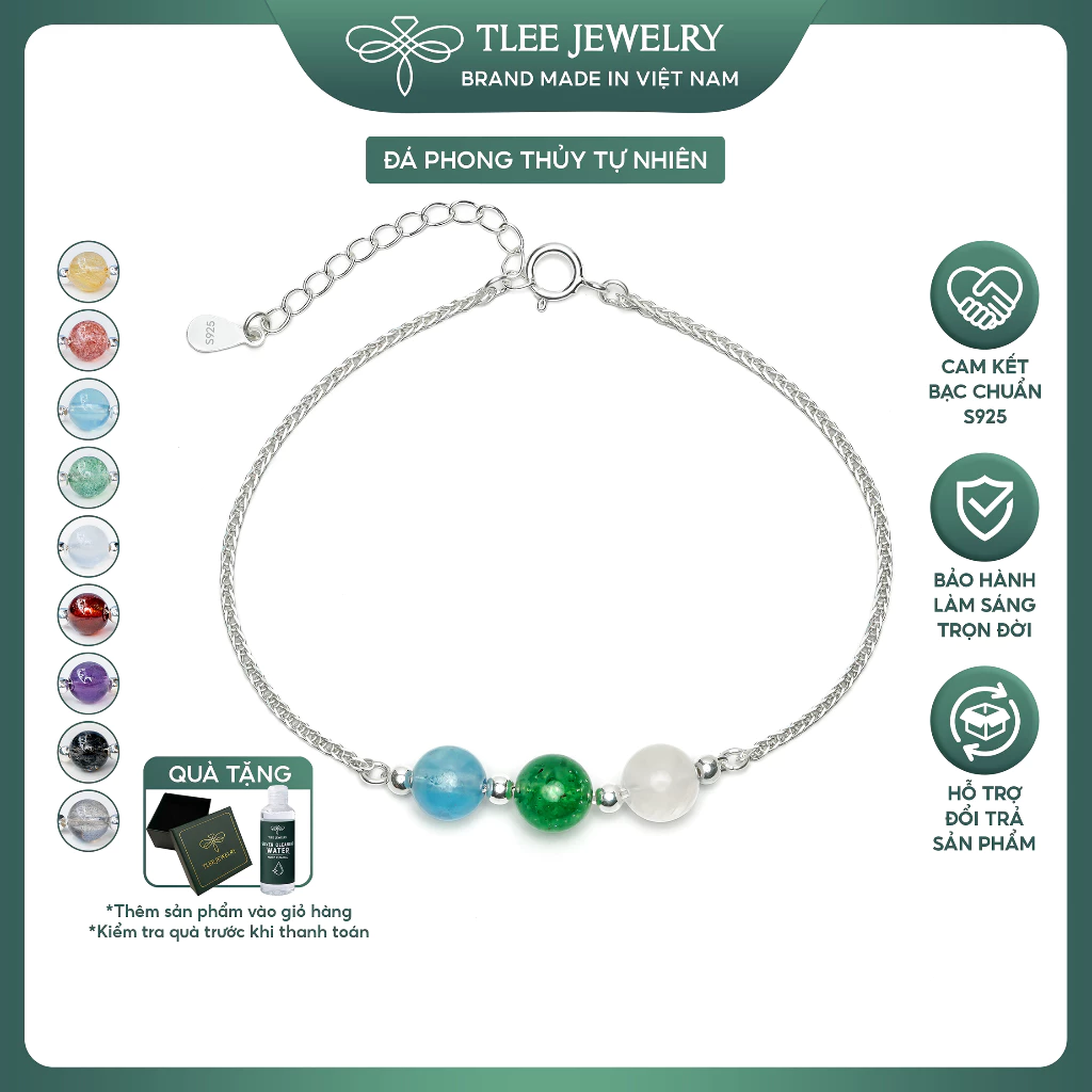 Vòng tay bạc nữ TLEE bạc 925 mix ba hạt đá phong thủy Tự Nhiên và charm bi bóng TLEE JEWELRY LT0416