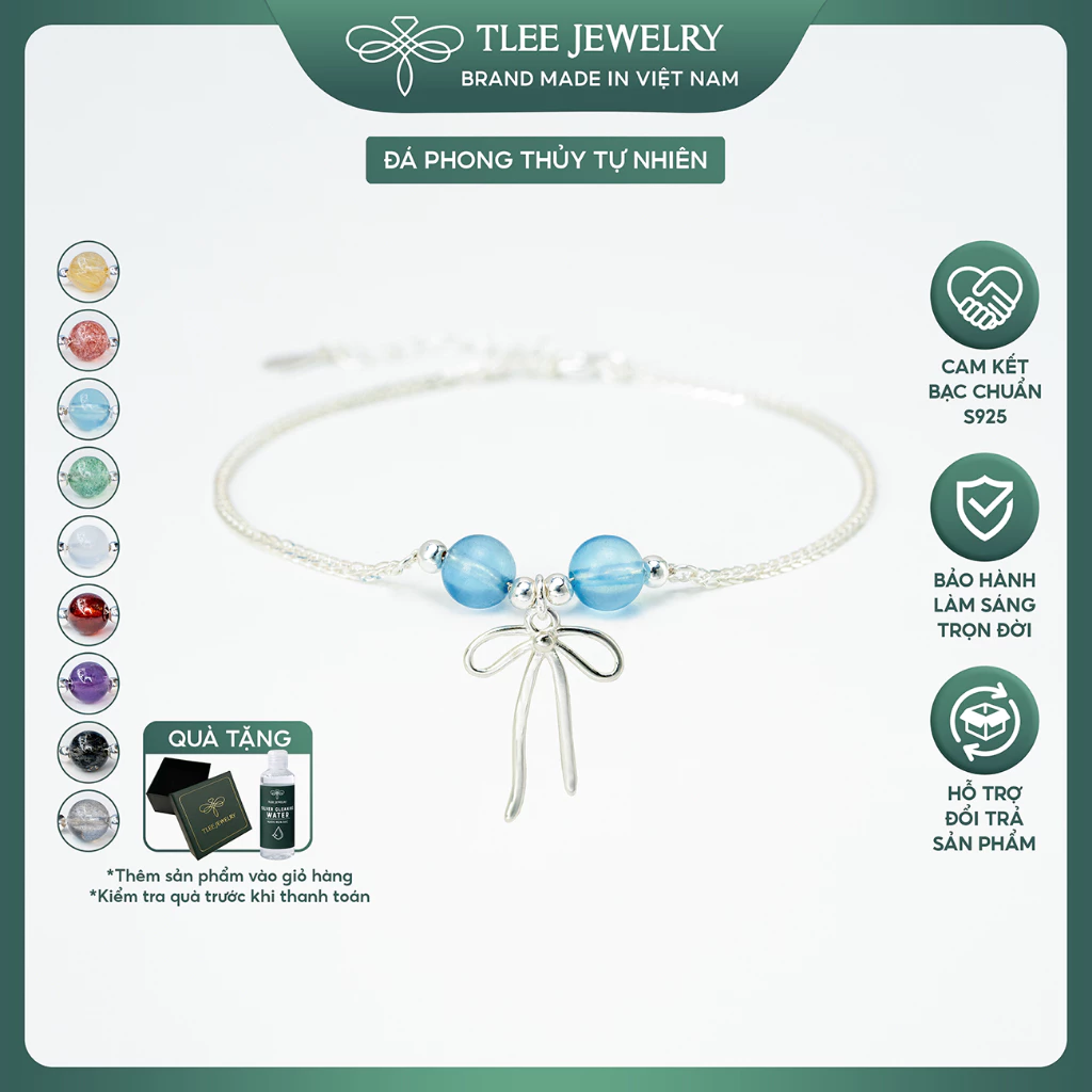 Vòng tay bạc nữ TLEE bạc 925 mix hạt đá đôi phong thủy Tự Nhiên và charm bi bóng treo nơ xinh xắn TLEE JEWELRY LT0231