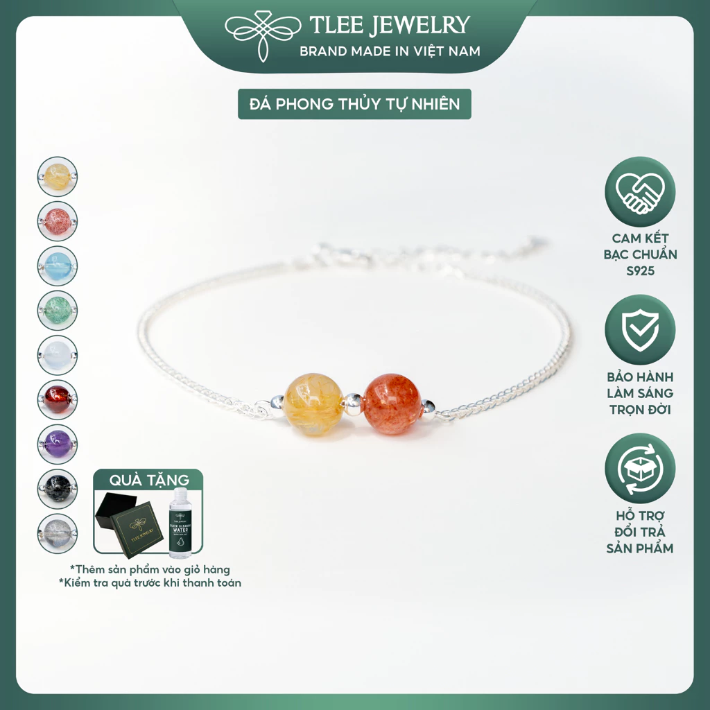 Vòng tay bạc nữ TLEE dây bạc 925 mix hai hạt đá phong thủy Tự Nhiên và charm bi LT0211 (LIVE)