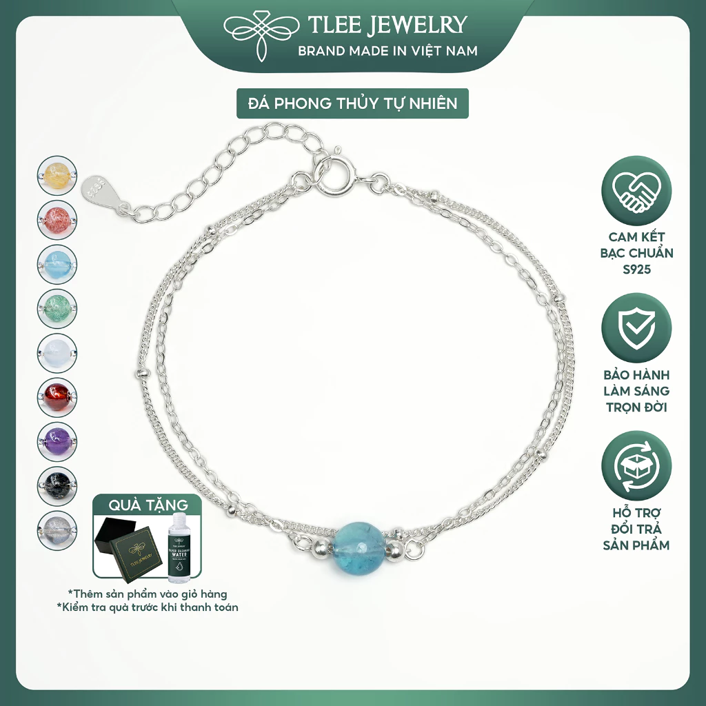 Vòng tay bạc nữ TLEE bạc 925 dây kép bi mix hạt đá phong thủy tự nhiên và và charm bi bóng TLEE JEWELRY LT0421