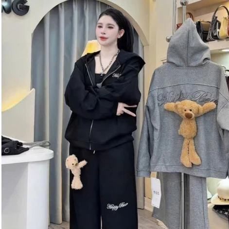 Sét bộ nỉ 2 da chữ thêu HAPYY TẶNG KÈM GẤU siêu xinh phong cách Hàn Quốcthuunisex M2̉̃46