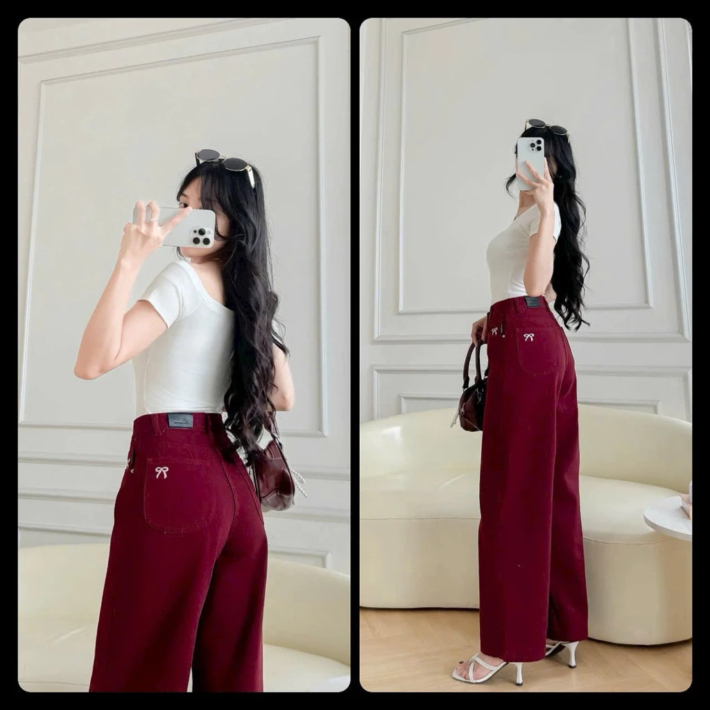 (S-XL)-Quần jean kaki nữ ống suông thêu nơ màu đỏ đô, suông nấm lùn, quần jean nữ ống rộng
