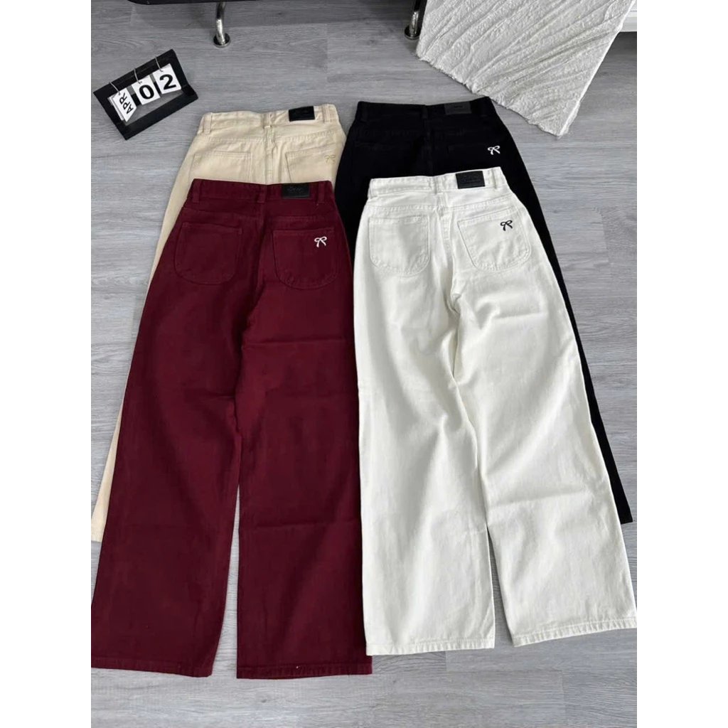 (Nấm 95cm/102cm)-(XS-XL) Quần Jeans Kaki Ống Suông Lưng Cao Thêu Nơ,Có Suông Nấm Lùn và Suông dài, Quần jean nữ ống rộng