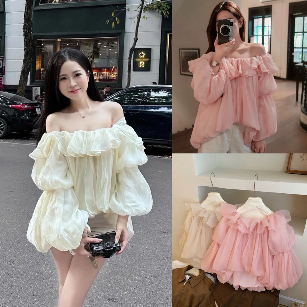 Áo trễ vai bèo voan tơ dáng bí bồng tà lệch 2 màu kem,hồng tiểu thư - Nabi Top