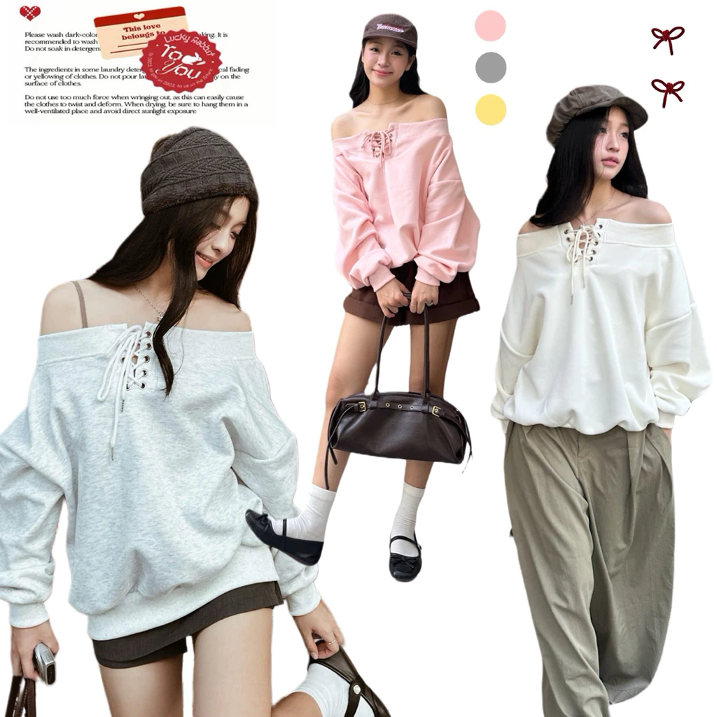 Áo Sweater Trễ Vai Luồn Dây Ore Có Điều Chỉnh Xu Min Min - Chất Nỉ Dày Dặn Không Đổ Lông, Dáng Rộng ( Trễ Vai Ore )