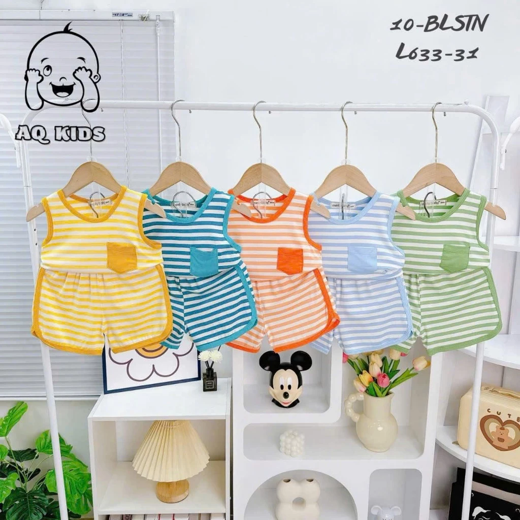 Bộ ba lỗ thun lạnh sọc dệt bảng to có túi cho bé từ 7-16kg