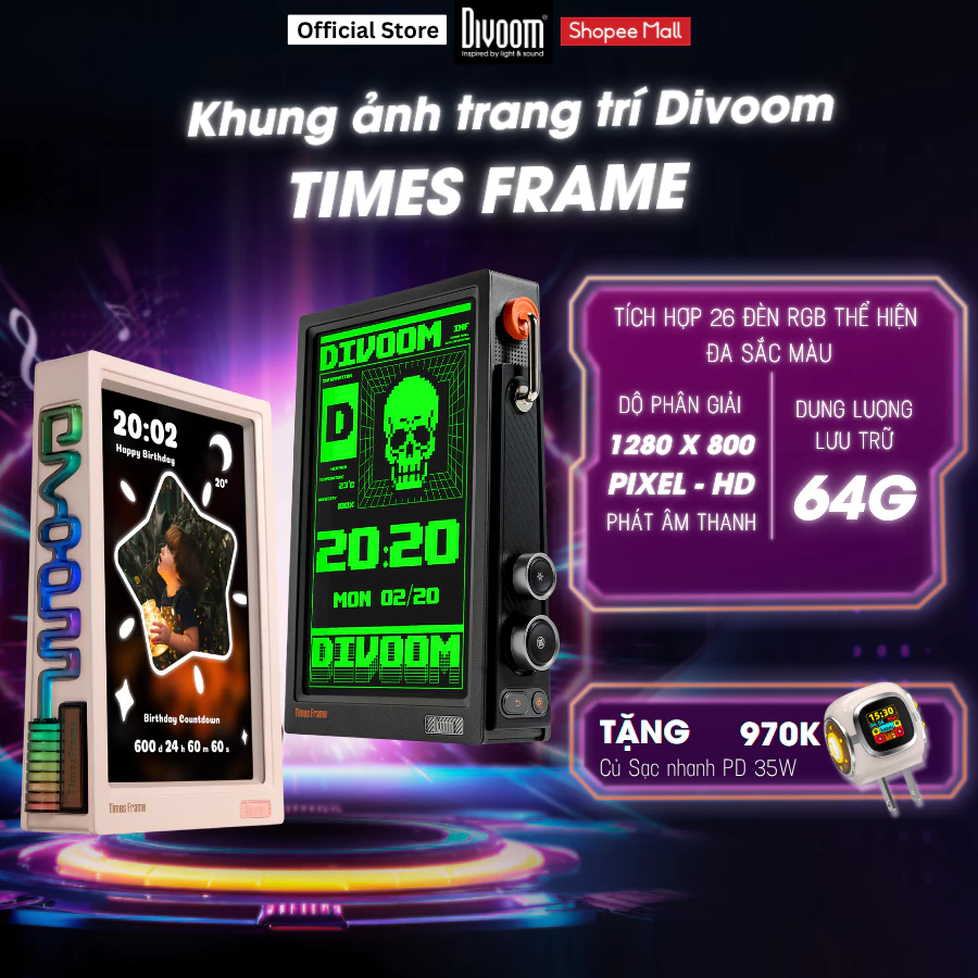 Khung Hình Divoom Times Frame – Màn hình IPS trong suốt, đèn RGB đồng bộ theo nhạc - Chính hãng BH 12 tháng 1 đổi 1