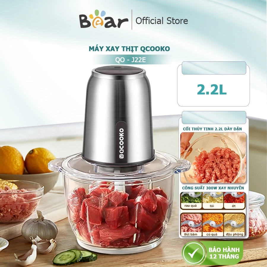 Máy xay thịt Qcooko Q0-J22E dung tích 2.2L, Máy xay thực phẩm đa năng động cơ mạnh mẽ 300W xay rau củ, xay sinh tố