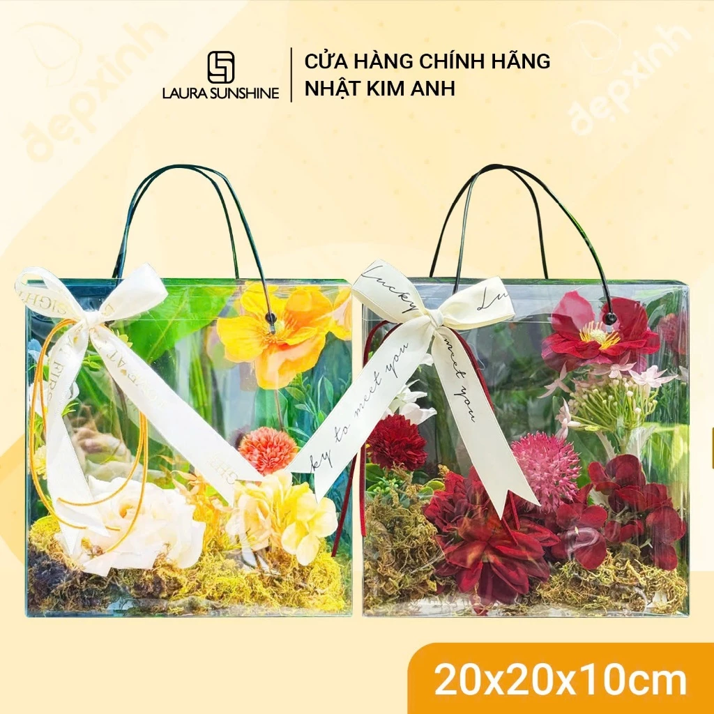 Giỏ quà mica hoa lụa cao cấp Laura Sunshine 20x20x10cm