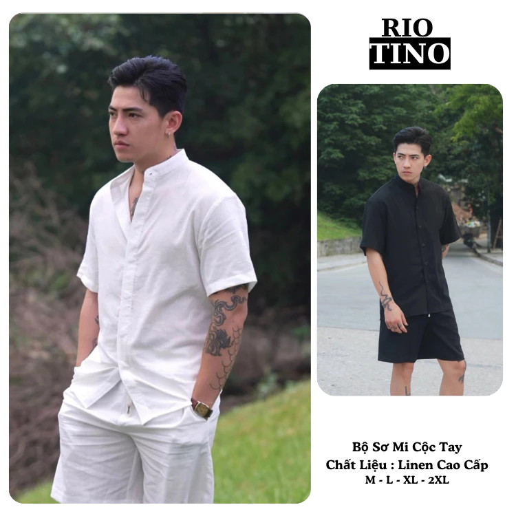 [Deal Mở Bán] Đồ Bộ Nam Cổ Tàu RIOTINO Set Đũi Nam (Áo + Quần) Áo Sơ Mi Đũi Cộc Tay Đi Biển Mùa Hè Cao Cấp SM08