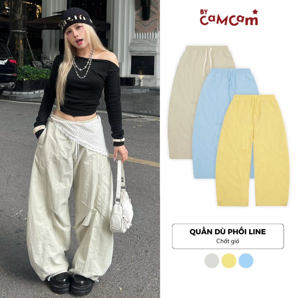Quần Dù Nhăn Dáng Cong 𝑩𝒚𝒄𝒂𝒎𝒄𝒂𝒎 Quần Parachute Phối Line Có Dây Rút Phong Cách Đường Phố QTD246