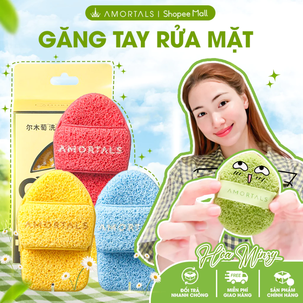 《Amortals x Hoà Minzy》Bông mút rửa mặt bọt biển AMORTALS hình găng tay hở ngón làm sạch da mặt