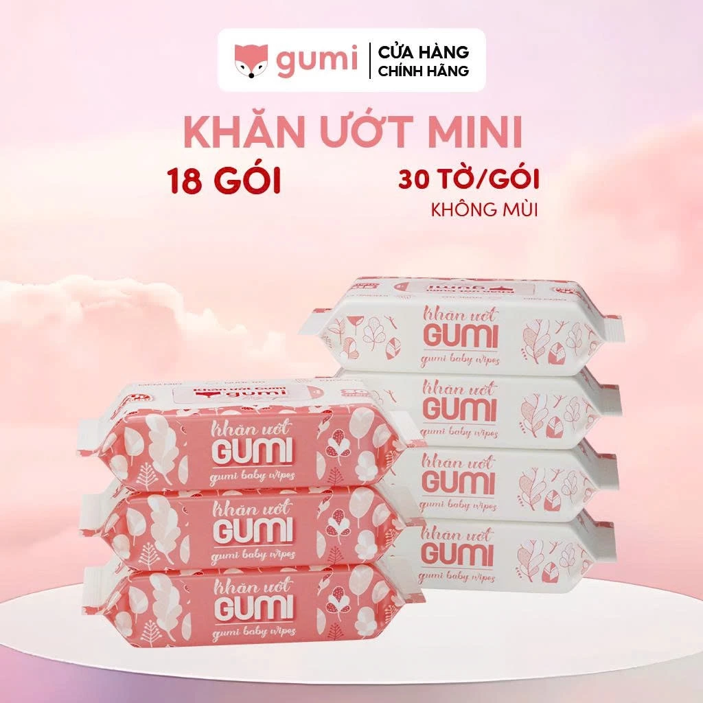 Thùng 18 gói khăn ướt 30 tờ Gumi không cồn không parabens cao cấp dành cho em bé