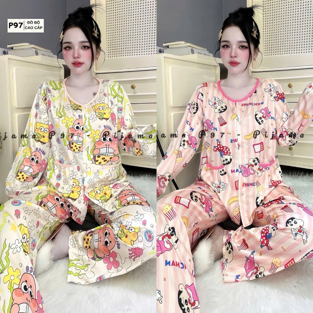 Đồ bộ tay dài cổ tròn lụa latin mẫu mới , size dưới 60kg , pijama nữ tay dài , bộ cổ tròn mặc ở nhà thoải mái, đồ bộ p97