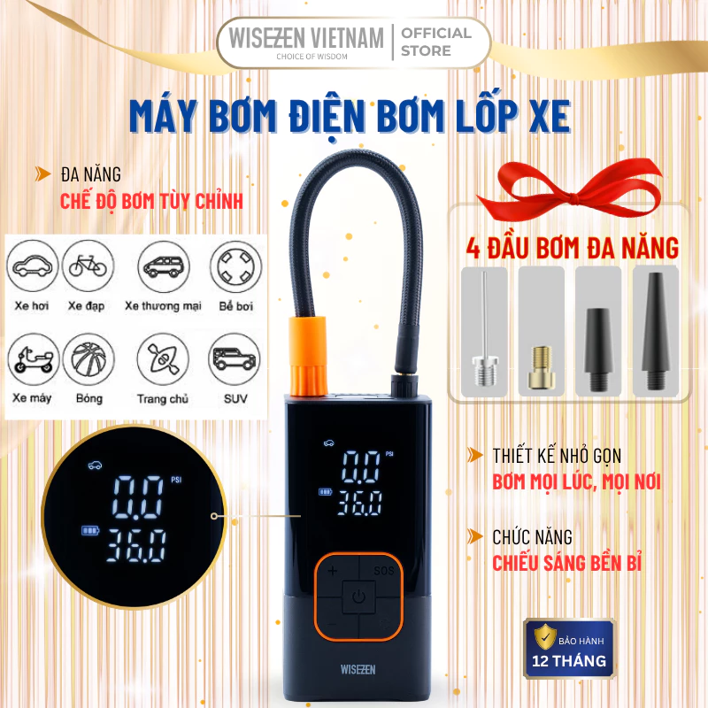 Bơm lốp ô tô Wisezen bơm nhanh chỉ trong vài giây độ ồn thấp thiết kế mini dễ mang theo Bảo hành 12 tháng
