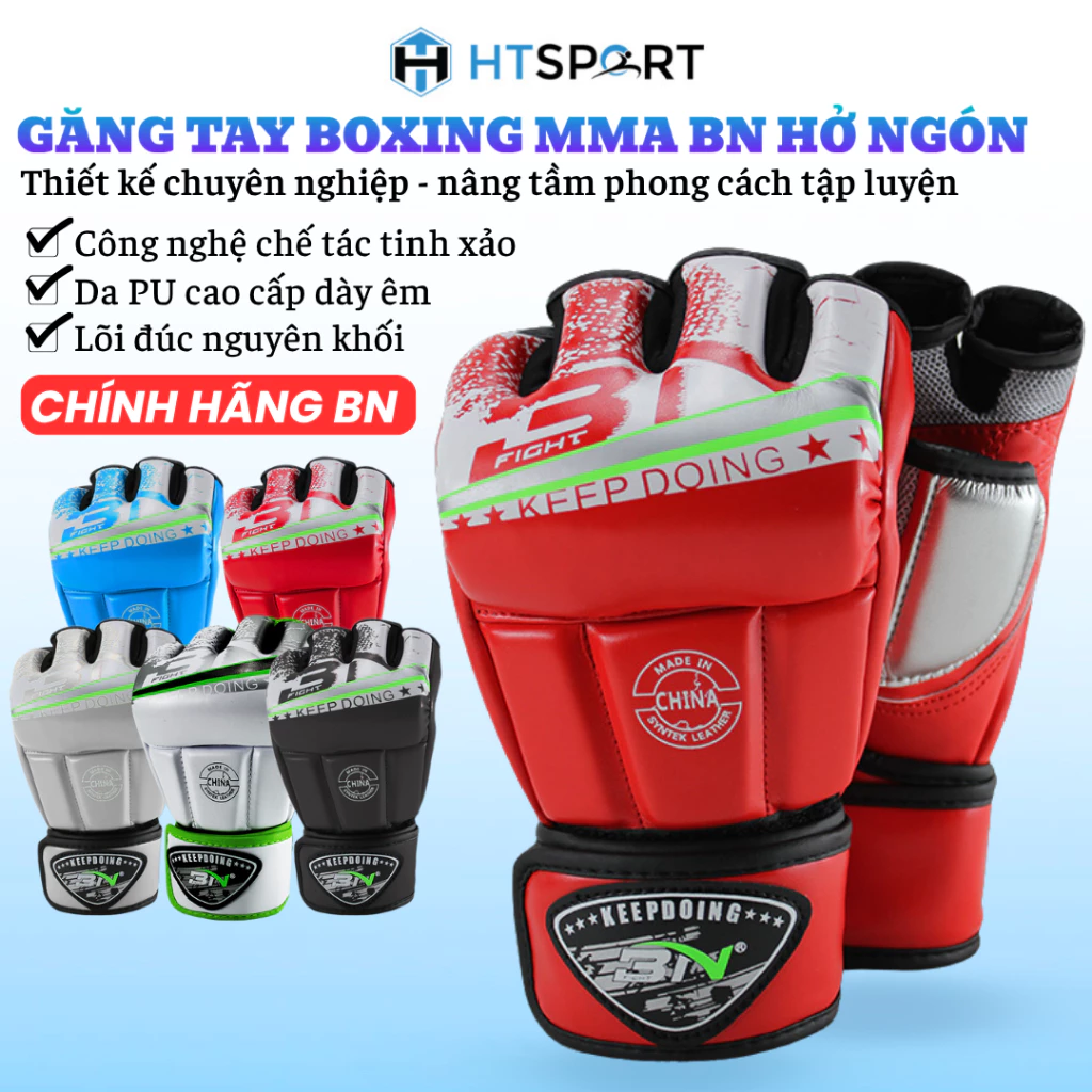 Găng Tay MMA Boxing, Găng Tay Đấm Bốc Hở Ngón Võ Thuật Quyền Anh Muay BN Cao Cấp Chính Hãng