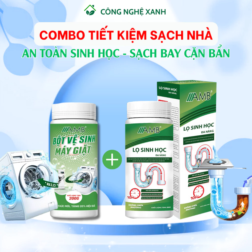 Combo tiết kiệm: bột sinh học đa năng AMB kèm bột tẩy lồng máy giặt AMB,  làm sạch khử mùi hôi, nấm mốc