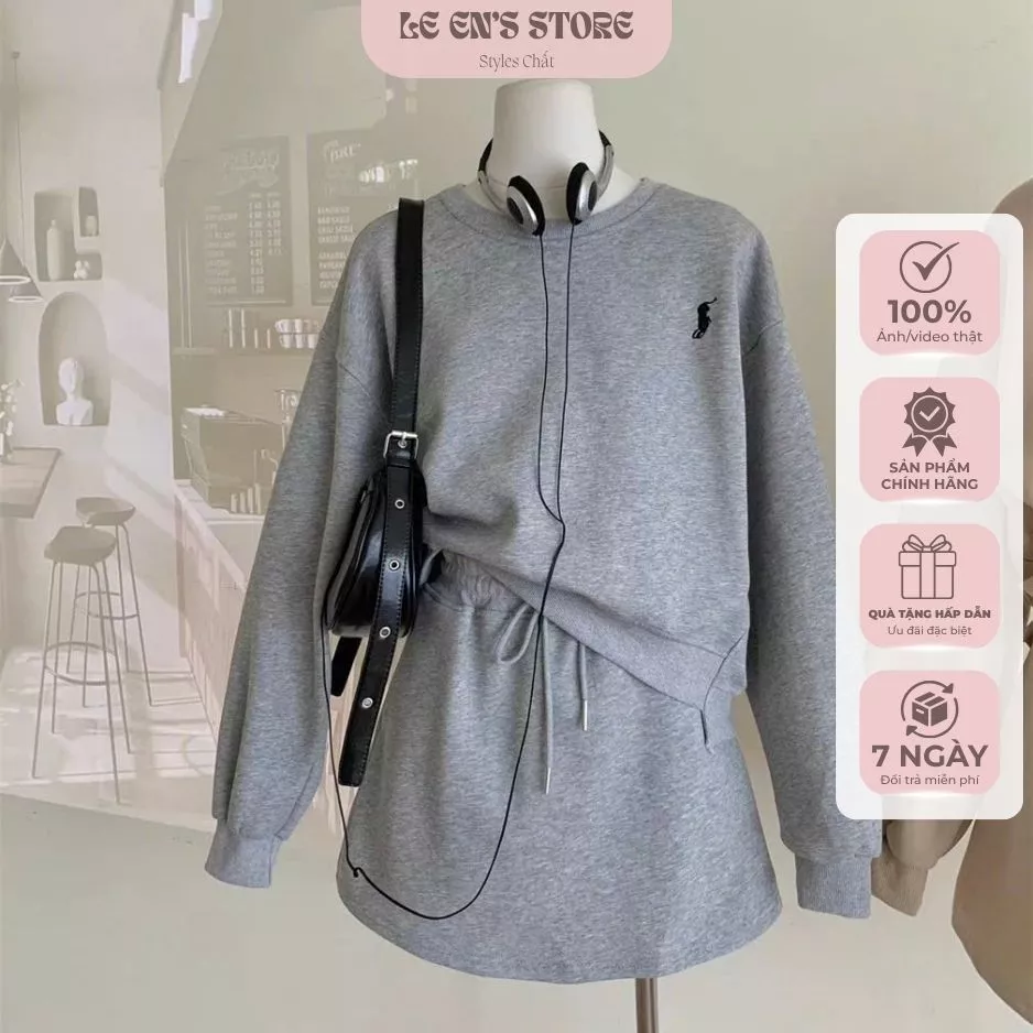 Set Bộ Nỉ Nữ Áo Cổ Tròn Và Chân Váy Chữ A – Nỉ Cotton Dày Mịn Thời Trang Hàn Quốc- V81