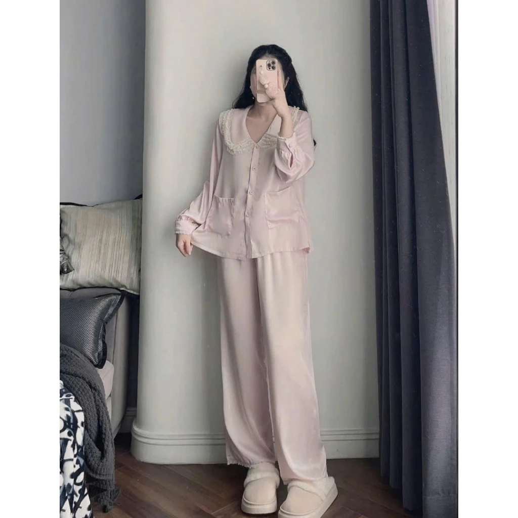 Pijama lụa mặc nhà dài tay cổ ren 3 tầng, phối cúc đá sang xịn ( mã A006)