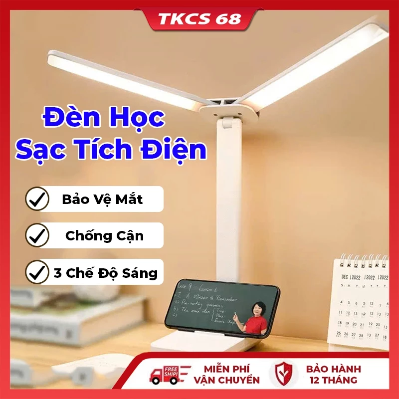 Đèn Học Để Bàn Sạc Tích Điện 2 Bóng Bảo Vệ Mắt, Chống Cận, Nút Cảm Ứng 3 Chế Độ Sáng Phù Hợp Mọi Lứa Tuổi