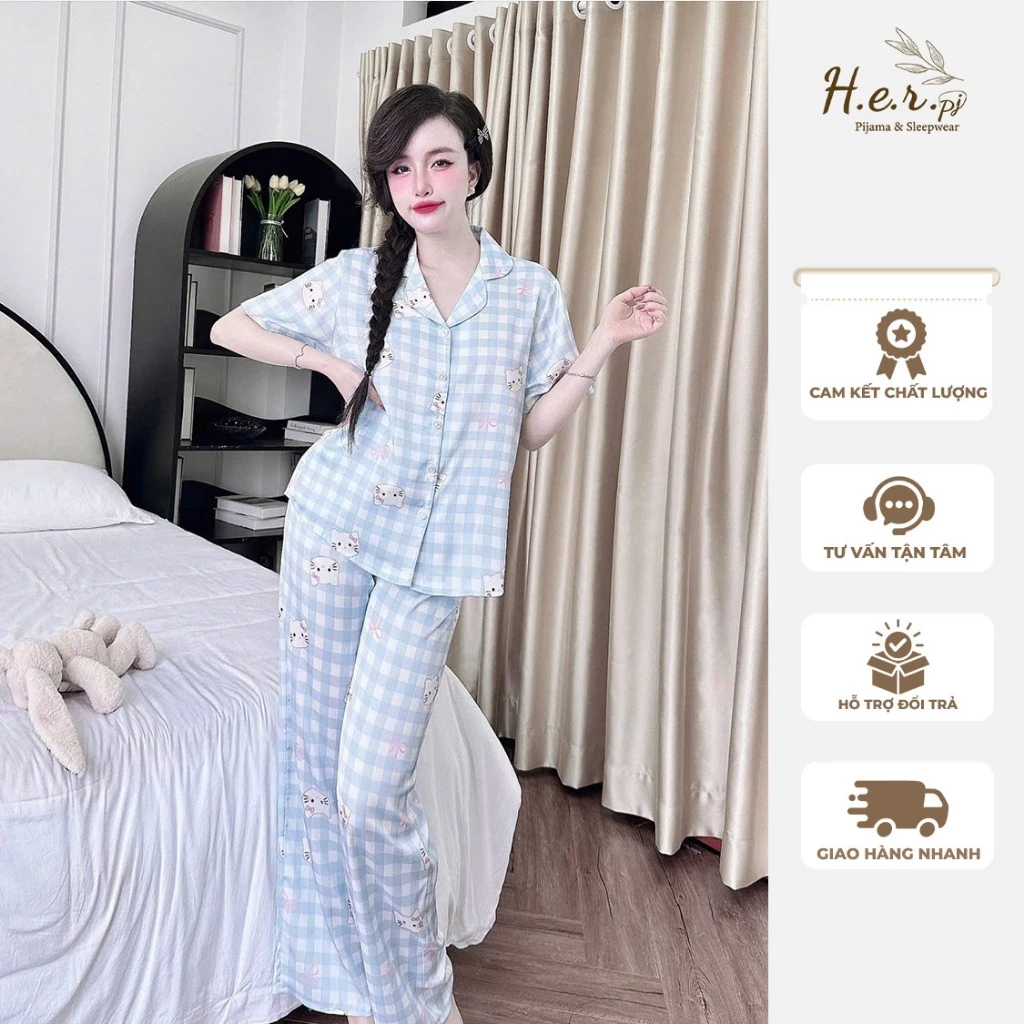 Đồ ngủ nữ mặc nhà pijama tay ngắn quần dài chất lụa latin tơ tằm cao cấp mềm mịn