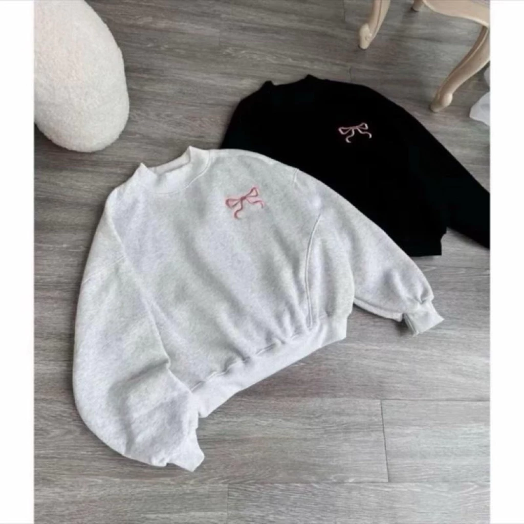 Áo nỉ sweater cổ tròn chất nỉ tàu form rộng tay bồng 40-60kg thêu nơ hồng