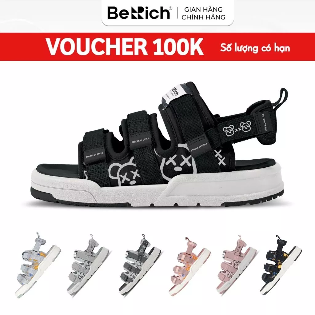 Giày Sandal Berich Nam Nữ Đi Học 3 Quai Ngang Chống Trơn Trượt - Êm - Bền BE1602 - IN hoạ tiết