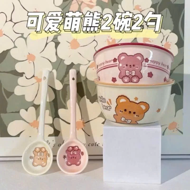 Bộ 2 Bát Sứ Kèm 2 Thìa GẤU MIC 2 MÀU Loại 1 Bát ăn dặm cho bé siêu đáng yêu-GIAREMOINGAY