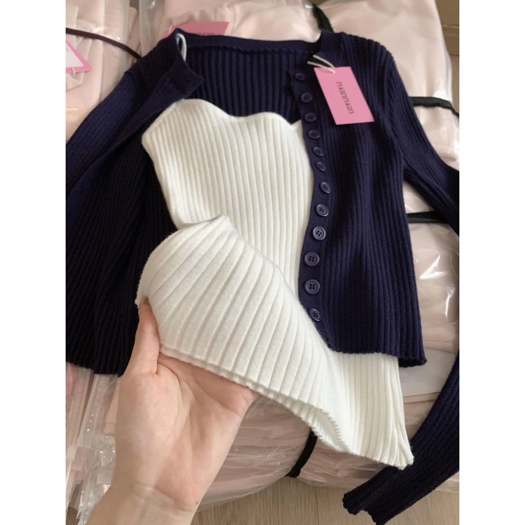 [673] Set áo 2 dây phối cardigan nay thun gân tăm cho nữ màu sáng da mang tone dáng dễ phối mix đồ