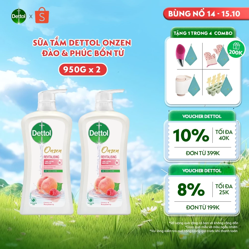 Combo 2 sữa tắm Dettol Onzen kháng khuẩn dưỡng ẩm đào & phúc bồn tử - 950g/chai