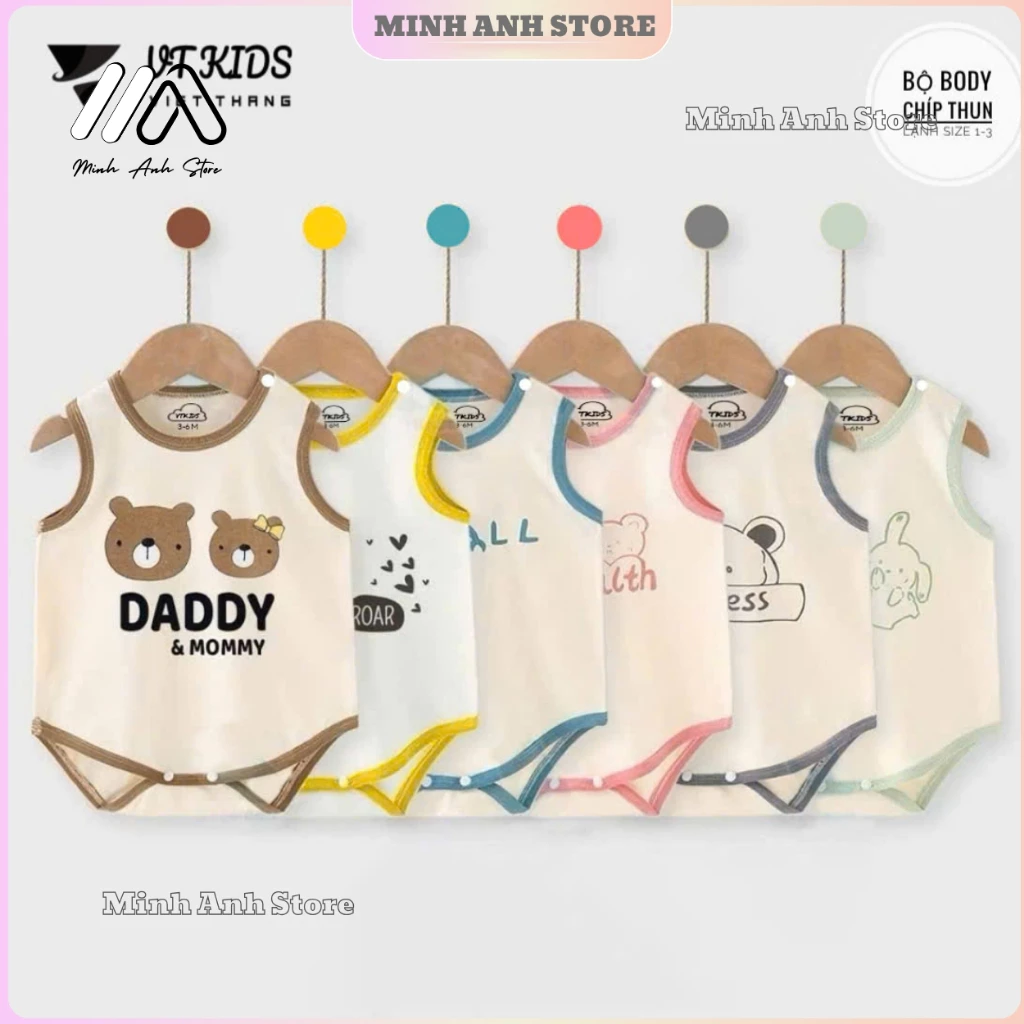 [Combo 2-3-5] Body Chip ba lỗ thun lạnh viền màu in hình ngộ nghĩnh cho bé sơ sinh từ 3-9kg BD3L