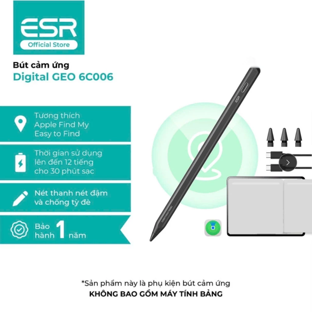 Bút cảm ứng ESR Digital Pencil GEO 6C006 dành cho iPd, tích hợp tính năng định vị, sạc nhanh