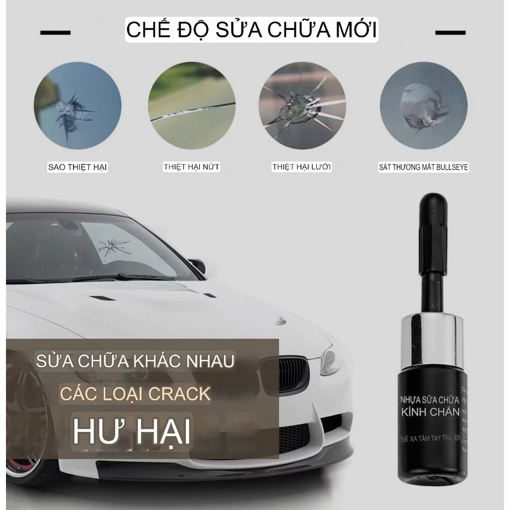 Dung dịch sửa kính chắn gió ô tô – keo làm đầy vết nứt, vết sao, vết rạn Bullseye – kèm màng film & dụng cụ