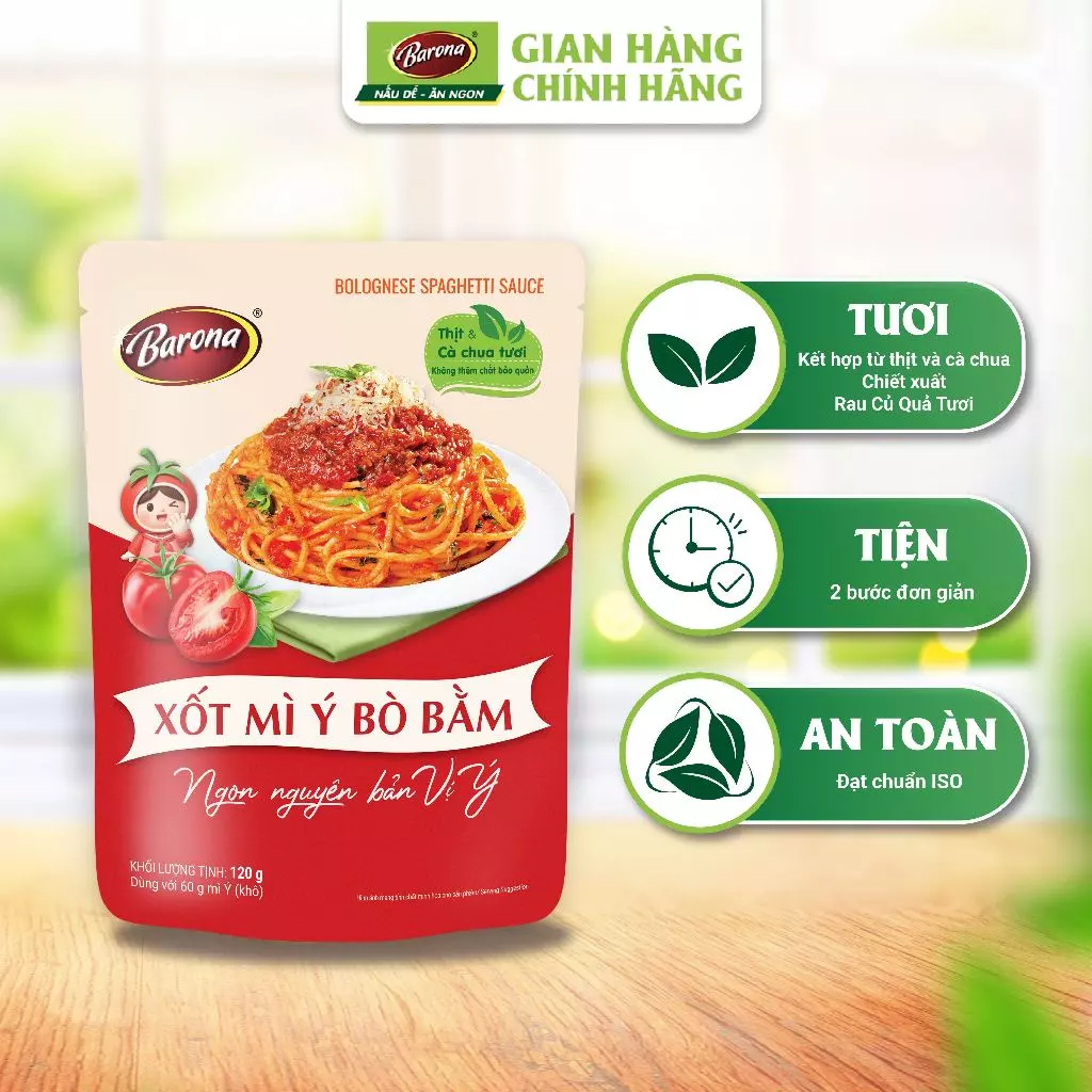 Gia Vị Hoàn Chỉnh Barona - Xốt Mỳ Ý Bò Bằm Barona 120g/gói, 2 bước nhanh tiện ngon nguyên bản vị Ý