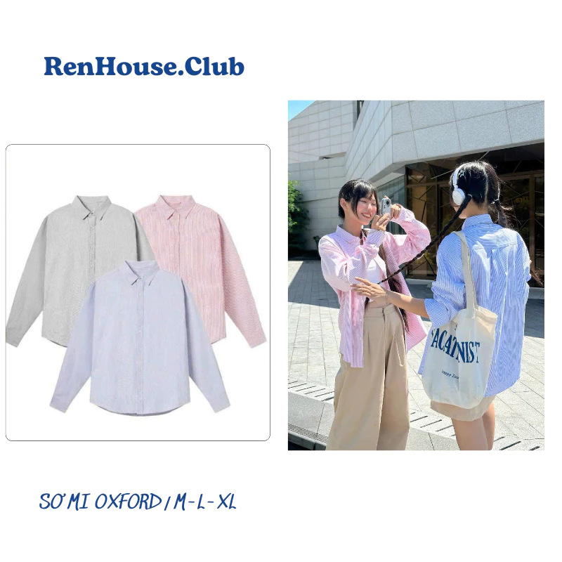 Áo Sơ Mi Kẻ Sọc Tay Dài Nam Nữ Hàn Quốc Renhouse Club Chất Liệu Oxford Form Rộng 3 Màu Xám, Hồng, Xanh Unisex