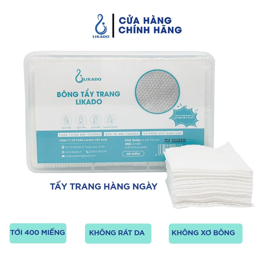 [Top Value] Bông tẩy trang Likado hộp 400 miếng kích thước 6x5 cm