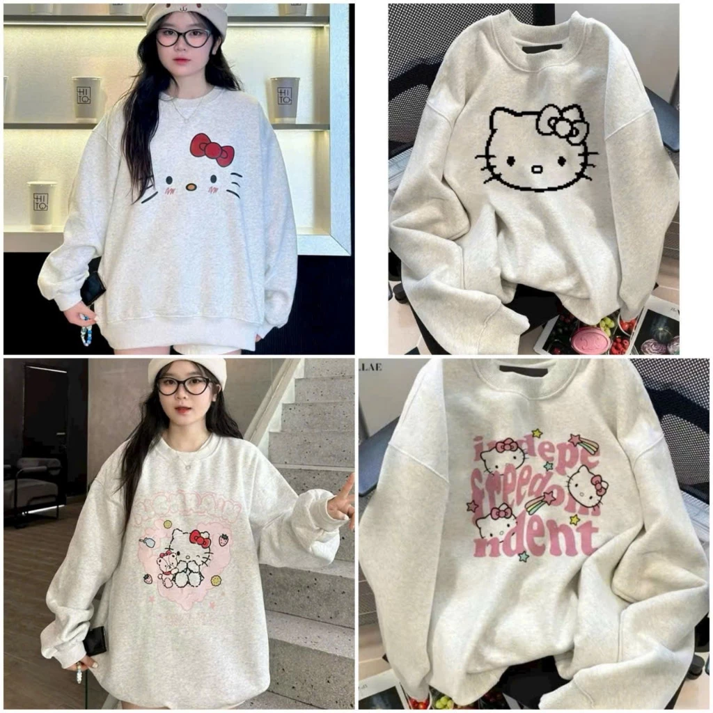 Áo Sweater Unissex Nam Nữ Vải Nỉ Len Dày Cao Cấp In Pet Mèo Hello Kitty Màu Xám - Khoác Hoodie Tay Dài Rộng Top Thu Đông
