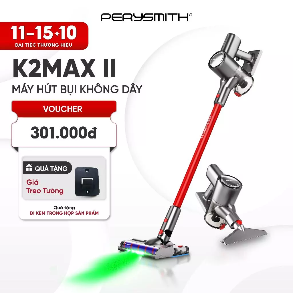 PerySmith K2MAX-II Máy Hút Bụi Không Dây Gọn Nhẹ Lực Hút Mạnh Với Bộ Lọc HEPA Đa Tầng