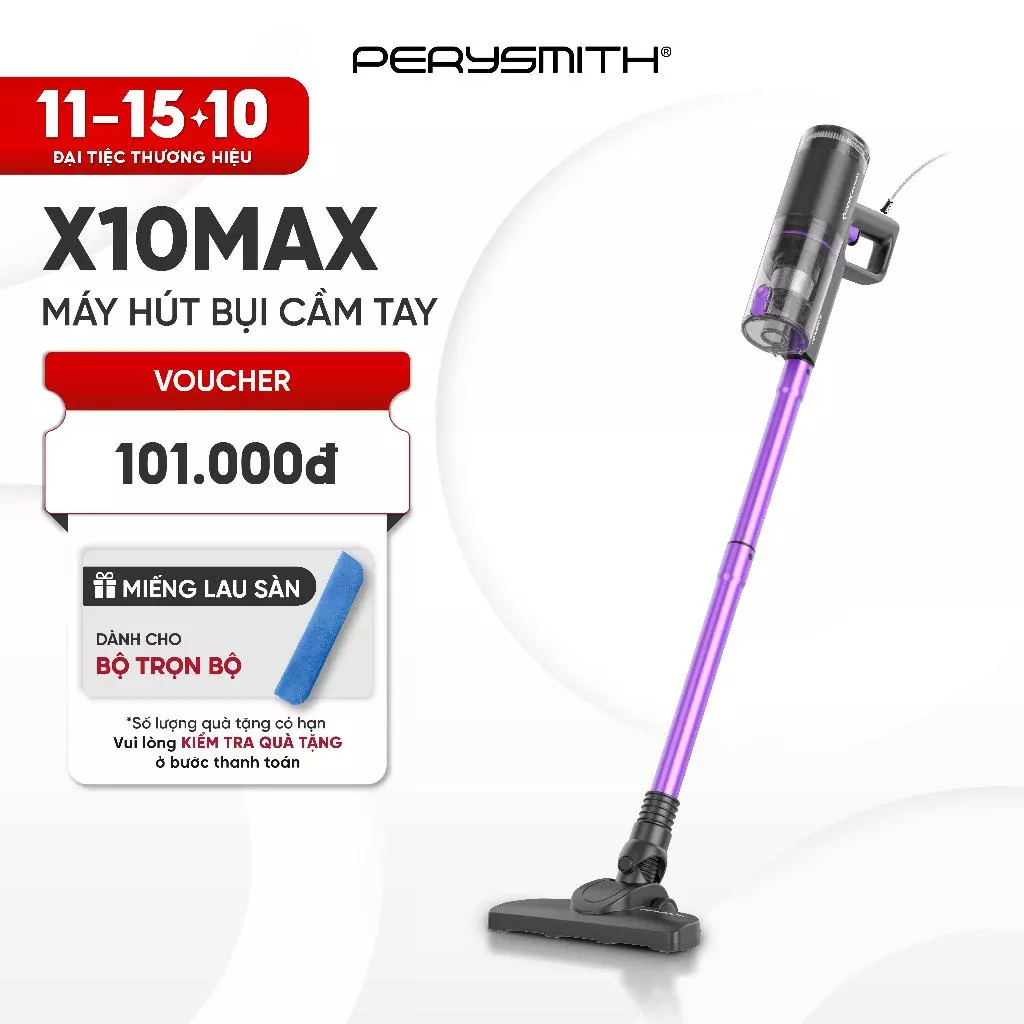 Mua 1 Được 4 | Máy Hút Bụi PerySmith X10Max 21000Pa Siêu Mạnh 2 Lõi HEPA Hút Sàn/Sofa/Ô Tô, Nhẹ 1kg BH 1 Năm