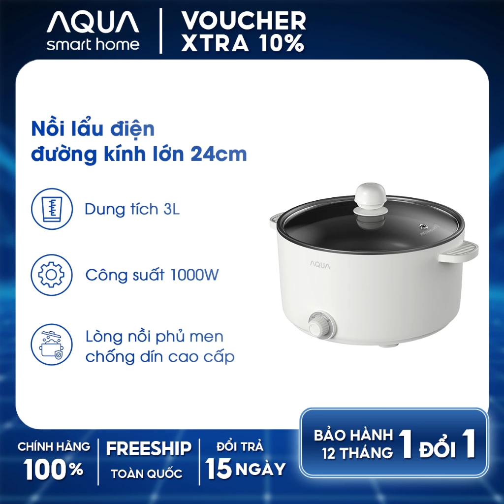 Nồi lẩu đa năng AQUA EP3Y 3L đường kính 24cm, công suất 1000W, lòng nồi phủ men chống dính
