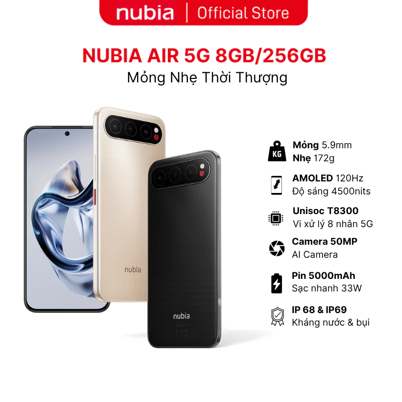 Điện thoại Nubia Air 5G 8GB/256GB I chip Unisoc T8300 I màn AMOLED 4500nits I IP68 & IP69 I Pin 5000mAh sạc 33W